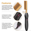 Image of Gold and black hair straightening comb with features highlighted on a white background