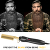 Image of Before and after comparison of a man with a beard using a hair straightener, with text 'Prevent the beard from being frizzy'.