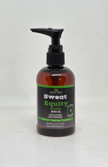 A bottle of Der's Oils Sweat Equity Recovery Body Oil with a black pump dispenser and amber brown bottle, set against a plain light gray background.