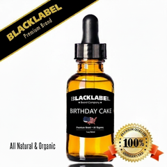A 10ml dropper bottle of Blacklabel Birthday Cake flavor edible oil, shown against a white background with promotional text overlays and quality badges.