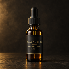 A bottle of Blacklabel Private Reserve Beard Oil with a black dropper cap and black label featuring gold lettering, set against a dark, moody background.