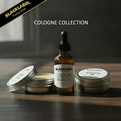 Blacklabel Cologne Collection featuring a central amber glass dropper bottle of scented beard oil, flanked by two silver metal tins, one open showing cream-colored beard balm and one closed labeled beard butter, set on a dark wooden surface.
