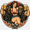 Image of Retro illustration of two bearded bikers holding beer mugs beside a fully clothed adult pin-up woman.