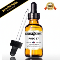 A 1 oz amber glass dropper bottle of Black Label Polo 67 essential oil, shown with its black dropper cap off and leaning beside the bottle on a white background. A black diagonal banner in the top left reads 'BLACKLABEL Premium Brand' and a gold '100% Guaranteed' seal is in the top right.