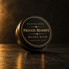 A round black tin of Blacklabel Private Reserve Beard Balm with gold lettering, set on a dark textured surface with dramatic golden lighting.