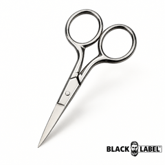 A pair of silver metal scissors with circular finger loops and a pointed blade, shown on a white background with the BLACK LABEL logo in the bottom right corner.