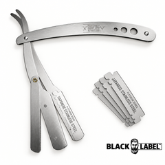 A stainless steel straight razor with its handle partially open, shown alongside five matching razor blades on a white background. The razor and blades are engraved with 'JAPANESE STAINLESS STEEL' and 'SHAVING REFINEMENT'.