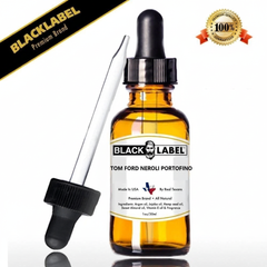 A 1 oz amber glass dropper bottle of Tom Ford Neroli Portofino essential oil, shown with a separate black dropper and a clear pipette on a white background. The image includes a black diagonal 'BLACKLABEL Premium Brand' banner in the top-left corner and a gold '100% GUARANTEED' seal in the top-right corner.