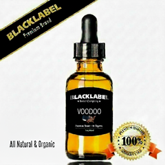 A bottle of Black Label Voodoo tincture with a black dropper cap and black label, filled with amber liquid, shown on a white background with promotional text and badges.